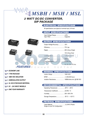 MSBH-1209 datasheet - 2 WATT DC//DC CONVERTER, SIIP PACKAGE