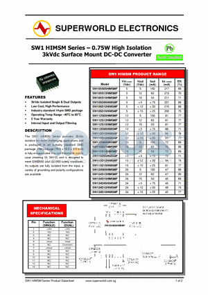 SW105D15HIMSMF datasheet - 0.75W High Isolation 3kVdc Surface Mount DC-DC Converter