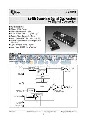 SP8531KS datasheet - 12-Bit Sampling Serial Out Analog to Digital Converter