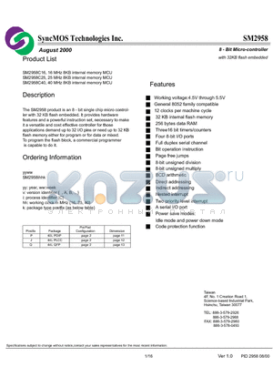 SM2958 datasheet - 8 - Bit Micro-controller