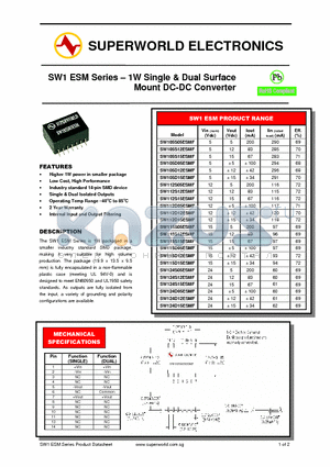 SW115D05ESMF datasheet - 1W Single & Dual Surface Mount DC-DC Converter