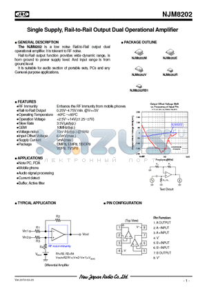 NJM8202V datasheet - Single Supply, Rail-to-Rail Output Dual Operational Amplifier
