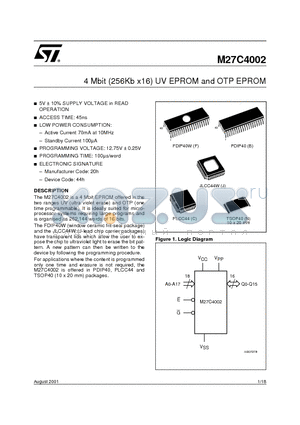 M27C4002 datasheet - 4 Mbit (256Kb x16) UV EPROM and OTP EPROM