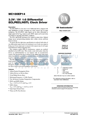 MC100EP14DTR2 datasheet - 3.3V / 5V 1:5 Differential ECL/PECL/HSTL Clock Driver