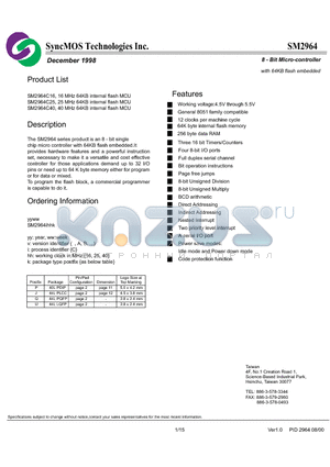 SM2964C25 datasheet - 8-Bit Micro-controller