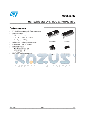 M27C4002-10C1TR datasheet - 4 Mbit (256Kb x16) UV EPROM and OTP EPROM