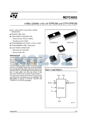 M27C4002-10N1TR datasheet - 4 Mbit (256Kb x16) UV EPROM and OTP EPROM