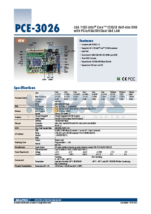 PCE-3026G2-00A1E datasheet - LGA 1155 Intel^ Core i7/i5/i3 Half-size SHB with PCIe/VGA/DVI/Dual GbE LAN