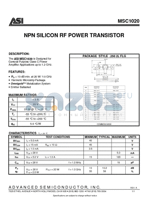 MSC1020 datasheet - NPN SILICON RF POWER TRANSISTOR