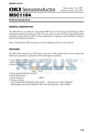 MSC1164 datasheet - 20-Bit Grid/Anode Driver