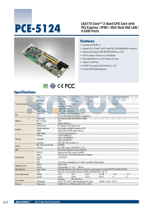 PCE-5124F-00A1E datasheet - LGA775 Core 2 Quad CPU Card with PCI Express / IPMI / VGA/ Dual GbE LAN / 6 COM Ports