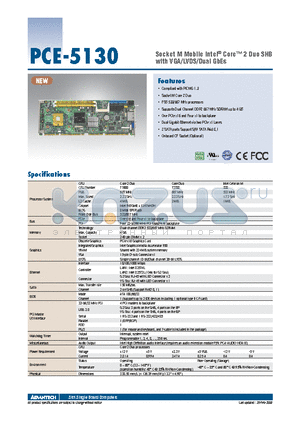 PCE-5130 datasheet - Socket M Mobile Intel^ Core 2 Duo SHB with VGA/LVDS/Dual GbEs