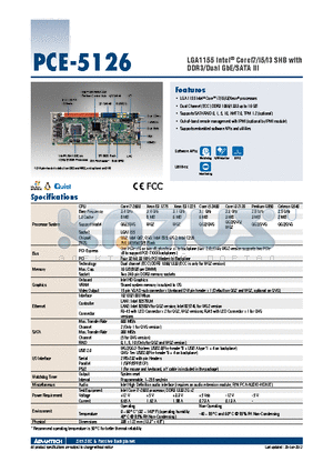 PCE-5126WG2-00A1E datasheet - LGA1155 Intel^ Corei7/i5/i3 SHB with DDR3/Dual GbE/SATA III