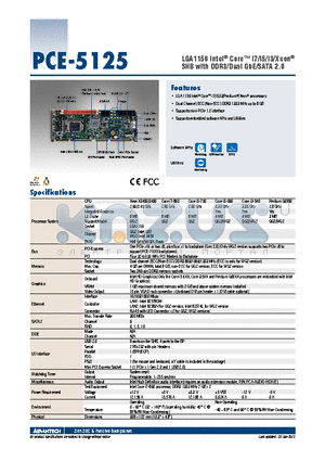 PCE-5125WG2-00A1E datasheet - LGA1156 Intel^ Core i7/i5/i3/Xeon^ SHB with DDR3/Dual GbE/SATA 2.0