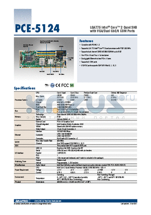 PCE-5124VG-00A1E datasheet - LGA775 Intel^ Core 2 Quad SHB with VGA/Dual GbE/6 COM Ports