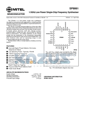 SP8861NAHP datasheet - 1g3GHz Low Power Single-Chip Frequency Synthesiser