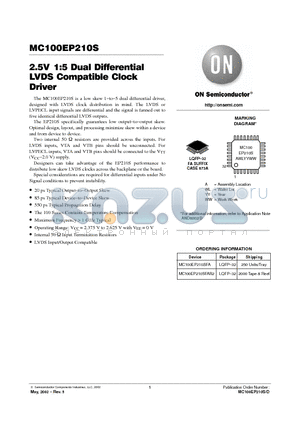 MC100EP210SFA datasheet - 2.5V1:5 Dual Differential LVDS Compatible Clock Driver