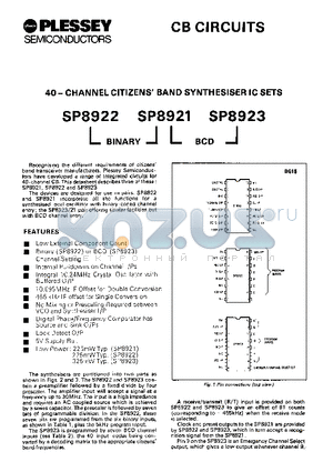 SP8921 datasheet - 40 CHANNEL CITIZENS BAND SYNTHESISER IC SETS