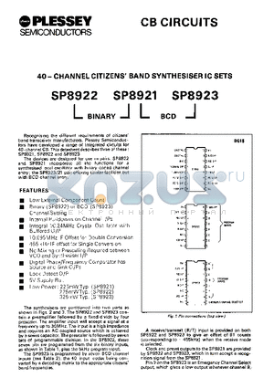 SP8922 datasheet - 40 CHANNEL CITIZENS BAND SYNTHESISER IC SETS