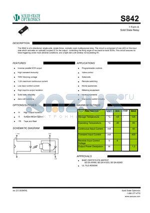 S842 datasheet - 1 Form A Solid State Relay