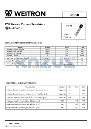 S8550 datasheet - PNP General Purpose Transistors