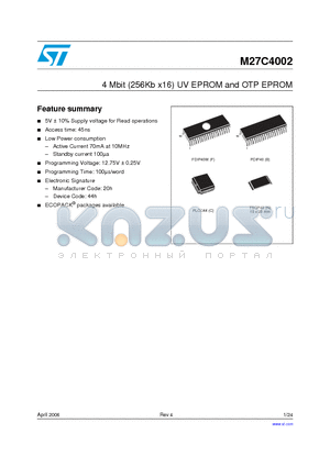 M27C4002-20XN1TR datasheet - 4 Mbit (256Kb x16) UV EPROM and OTP EPROM