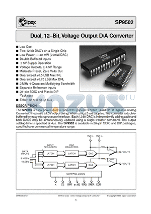 SP9502JN datasheet - Dual, 12-Bit, Voltage Output D/A Converter
