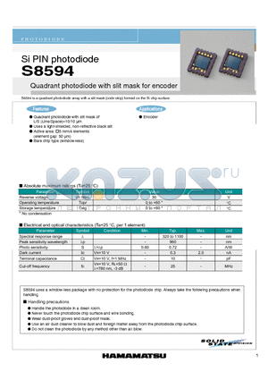 S8594 datasheet - Quadrant photodiode with slit mask for encoder