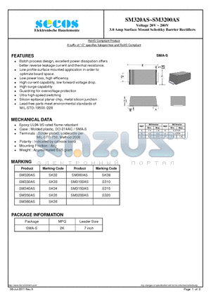SM3200AS datasheet - Voltage 20V ~ 200V 3.0 Amp Surface Mount Schottky Barrier Rectifiers