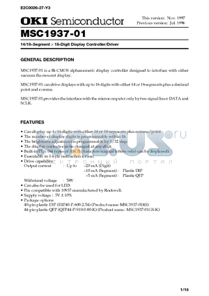 MSC1937-01 datasheet - 14/16-Segment x 16-Digit Display Controller/Driver