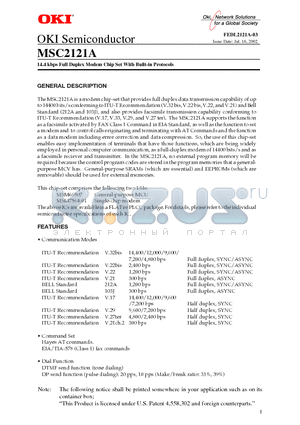 MSC2121A datasheet - 14.4 kbps Full Duplex Modem Chip Set With Built-in Protocols