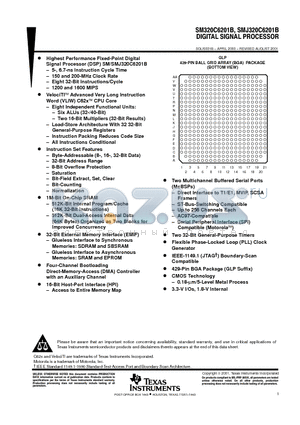 SM320C6201BGLPW15 datasheet - DIGITAL SIGNAL PROCESSOR