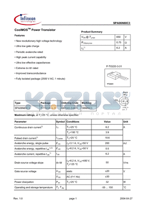 SPA06N60C3 datasheet - CoolMOS Power Transistor