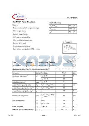 SPA06N60C3_10 datasheet - CoolMOSTM Power Transistor