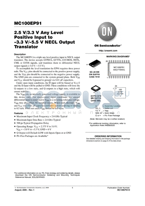 MC100EP91MNR2 datasheet - 2.5 V/3.3 V Any Level Positive Input to -3.3 V/-5.5 V NECL Output Translator