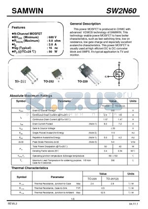 SW2N60 datasheet - This power MOSFET is produced in CHMC with advanced VDMOS technology of SAMWIN.