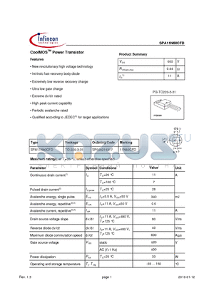 SPA11N60CFD_10 datasheet - CoolMOSTM Power Transistor Features New revolutionary high voltage technology