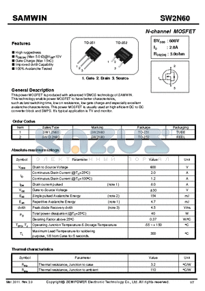 SW2N60 datasheet - N-channel MOSFET (TO-251 , TO-252)