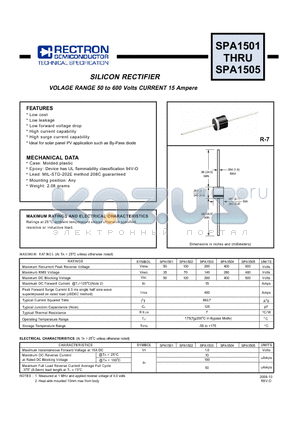 SPA1501 datasheet - SILICON RECTIFIER VOLAGE RANGE 50 to 600 Volts CURRENT 15 Ampere