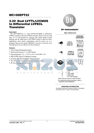 MC100EPT22DR2G datasheet - 3.3V Dual LVTTL/LVCMOS to Differential LVPECL to Differential LVPECL