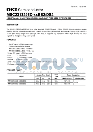 MSC2313258D-XXDS2 datasheet - 1,048,576-word x 32-bit DYNAMIC RAM MODULE : FAST PAGE MODE TYPE WITH EDO