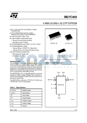 M27C405-100N6TR datasheet - 4 Mbit 512Kb x 8 OTP EPROM