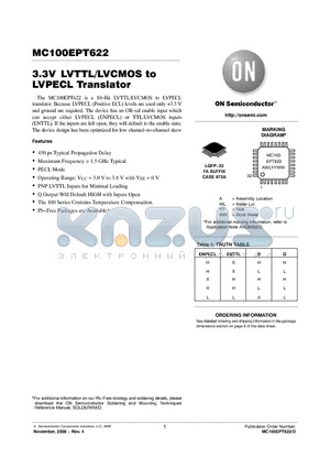 MC100EPT622FAR2G datasheet - 3.3V LVTTL/LVCMOS to LVPECL Translator