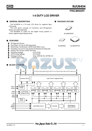 NJU6434FH2 datasheet - 1/4 DUTY LCD DRIVER