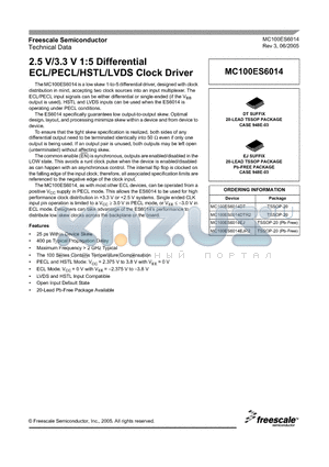 MC100ES6014 datasheet - 2.5 V/3.3 V 1:5 Differential ECL/PECL/HSTL/LVDS Clock Driver