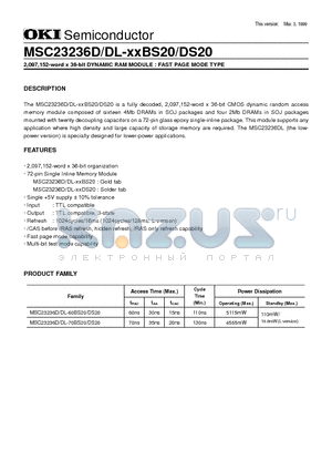 MSC23236D-60BS20 datasheet - 2,097,152-word x 36-bit DYNAMIC RAM MODULE : FAST PAGE MODE TYPE