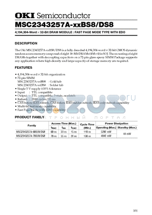 MSC2343257A-XXBS8 datasheet - 4,194,304-Word x 32-Bit DRAM MODULE : FAST PAGE MODE TYPE WITH EDO