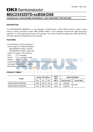 MSC2343257D datasheet - 4,194,304-word x 32-bit DYNAMIC RAM MODULE : FAST PAGE MODE TYPE WITH EDO