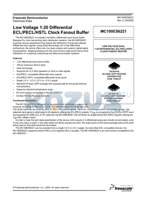 MC100ES6221TB datasheet - Low Voltage 1:20 Differential ECL/PECL/HSTL Clock Fanout Buffer