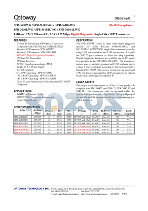 SPB-3610BLWG datasheet - 1310 nm TX / 1550 nm RX , 3.3V / 125 Mbps Digital Diagnostic Single-Fiber SFP Transceiver